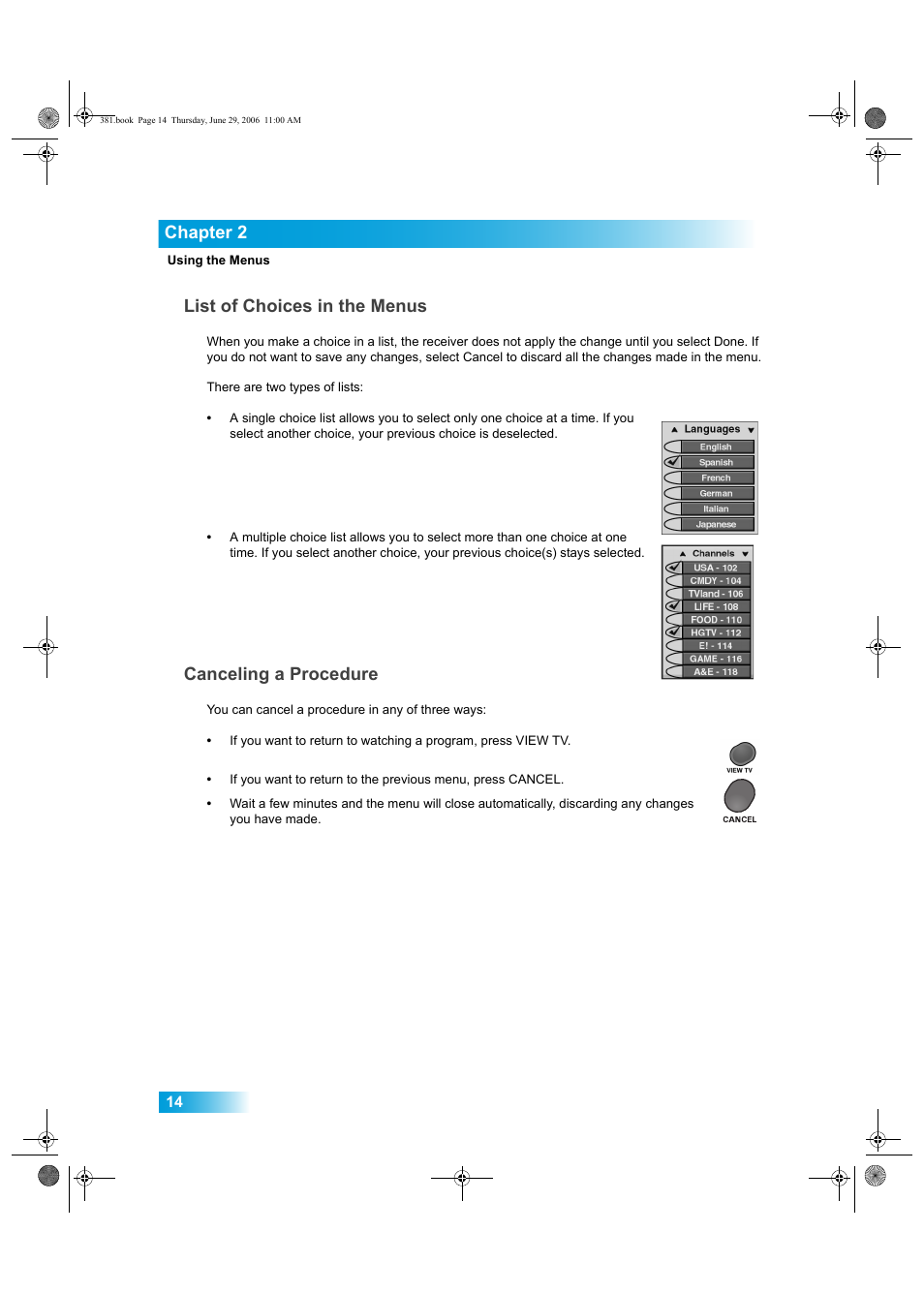 Chapter 2, List of choices in the menus, Canceling a procedure | Dish Network Solo 381 User Manual | Page 19 / 114