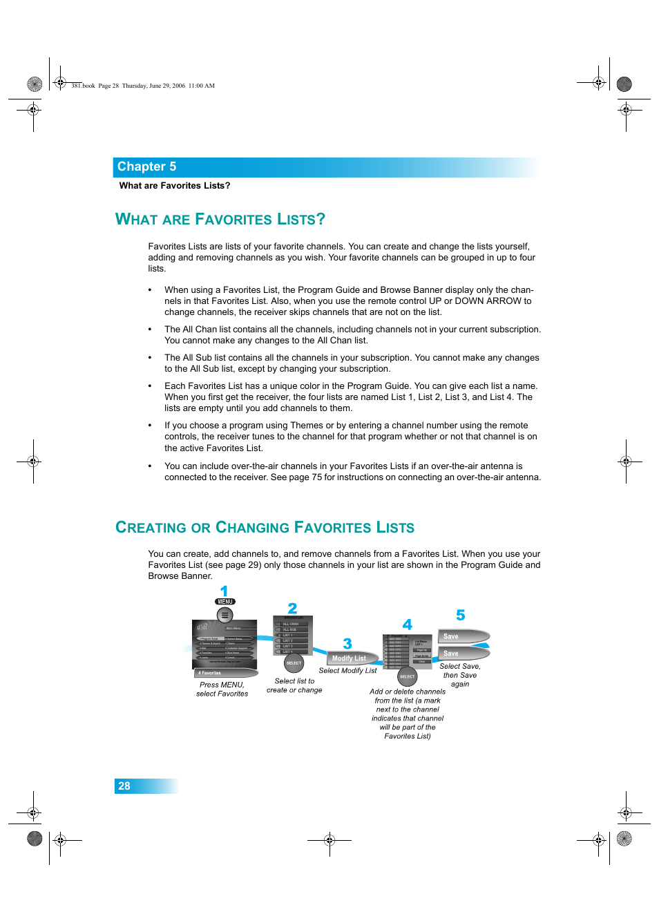 Avorites, Ists, Reating | Hanging | Dish Network Solo 381 User Manual | Page 33 / 114