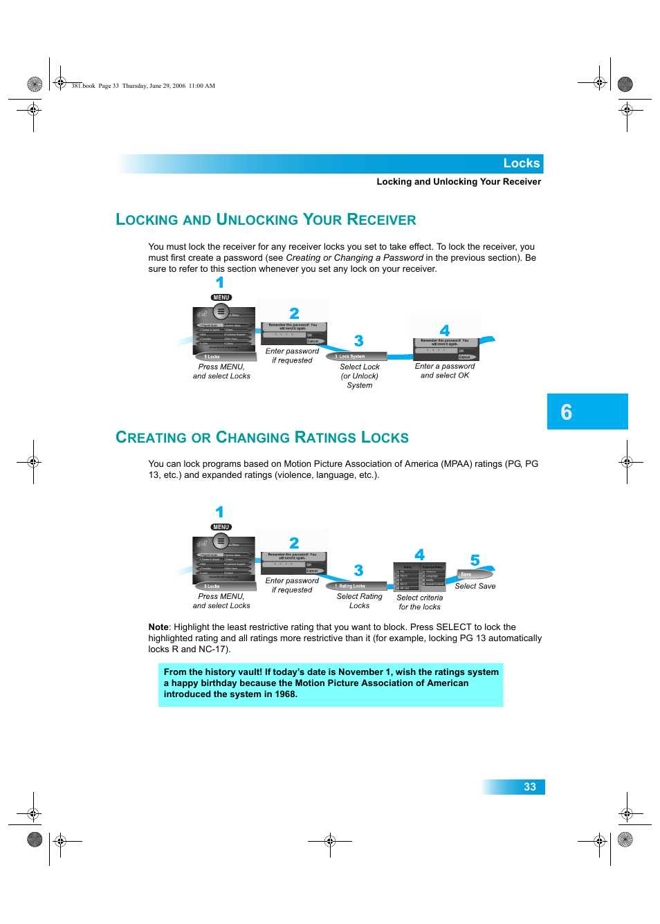 Ocking, Nlocking, Eceiver | Reating, Hanging, Atings, Ocks | Dish Network Solo 381 User Manual | Page 38 / 114