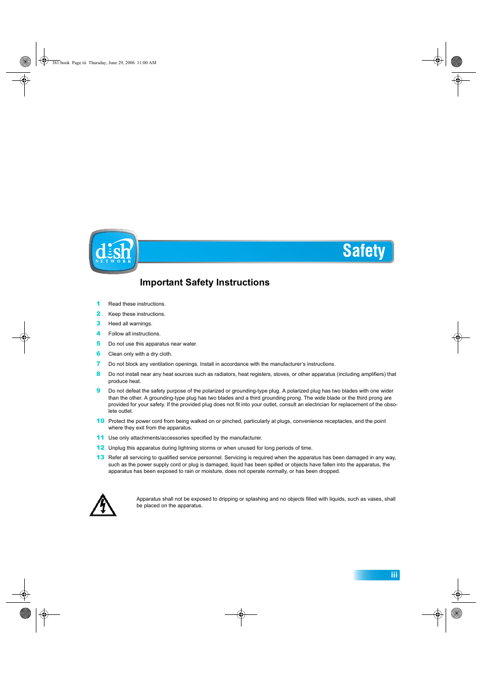 Important safety precautions iii, Important safety instructions | Dish Network Solo 381 User Manual | Page 4 / 114