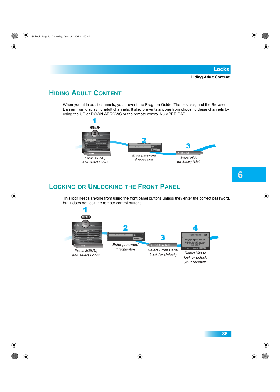 Iding, Dult, Ontent | Ocking, Nlocking, Ront, Anel | Dish Network Solo 381 User Manual | Page 40 / 114