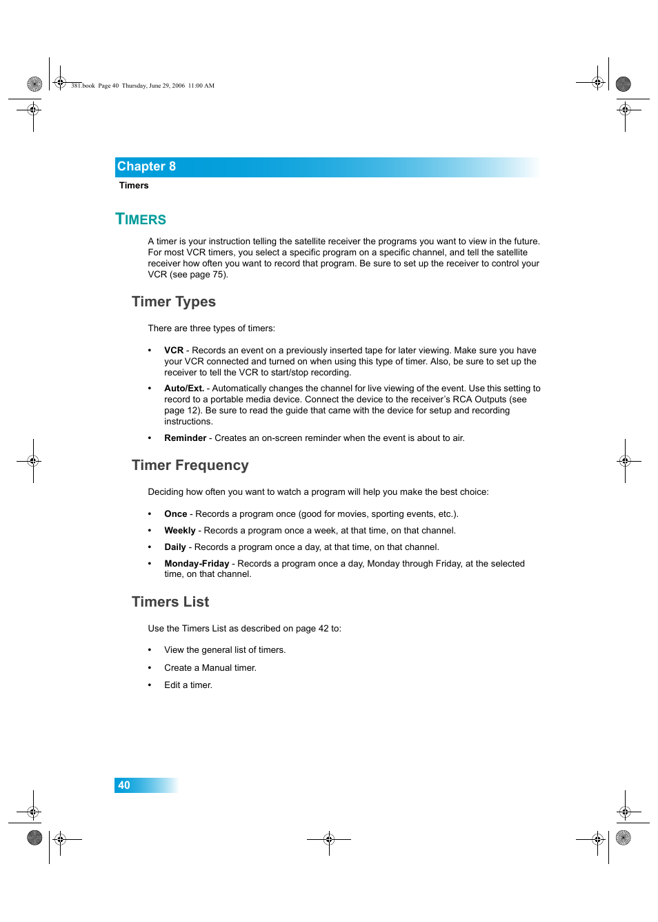 Imers, Timer types, Timer frequency | Timers list, Chapter 8 | Dish Network Solo 381 User Manual | Page 45 / 114