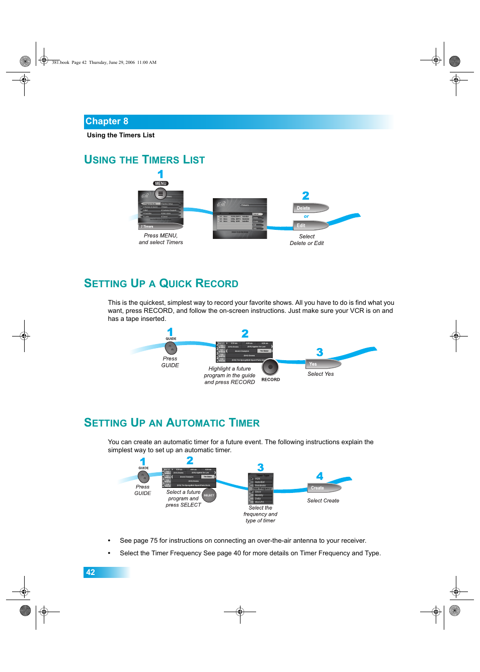 Sing, Imers, Etting | Uick, Ecord, Utomatic, Imer | Dish Network Solo 381 User Manual | Page 47 / 114