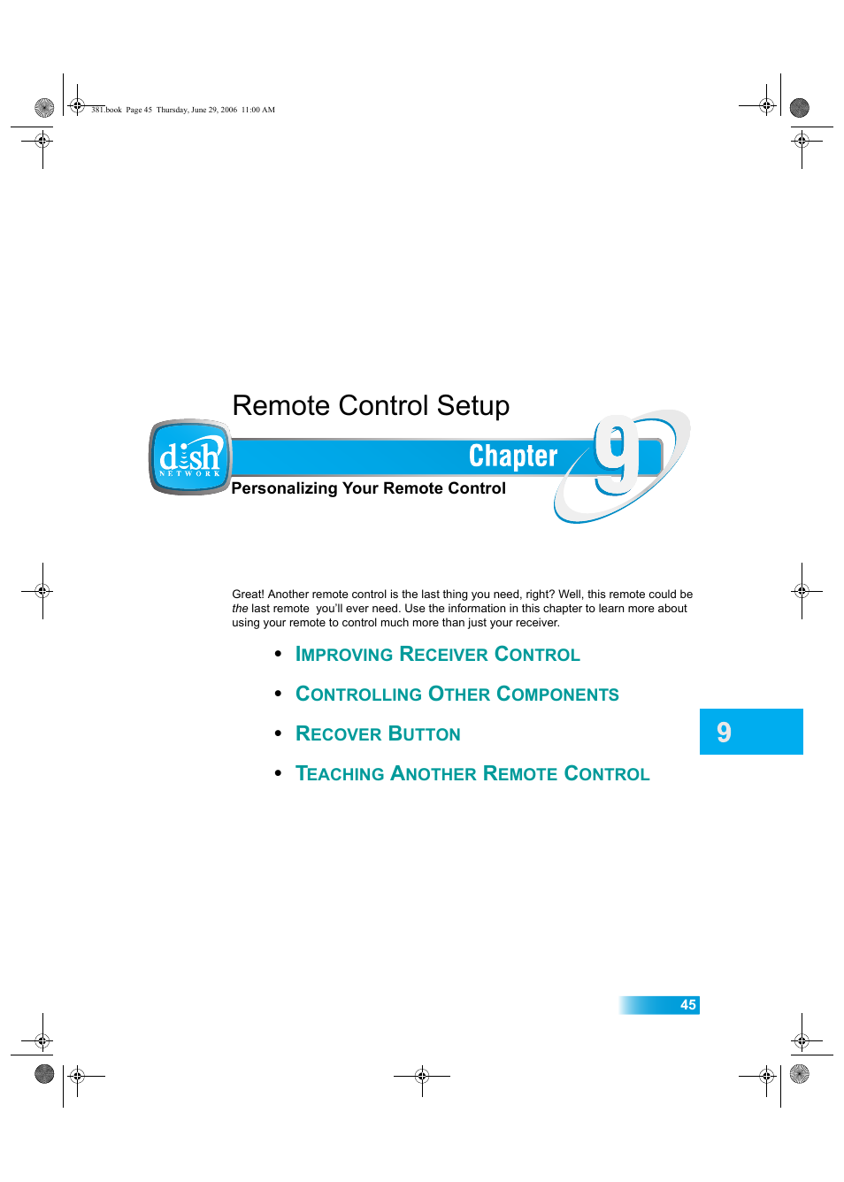 Chapter9, Remote control setup | Dish Network Solo 381 User Manual | Page 50 / 114