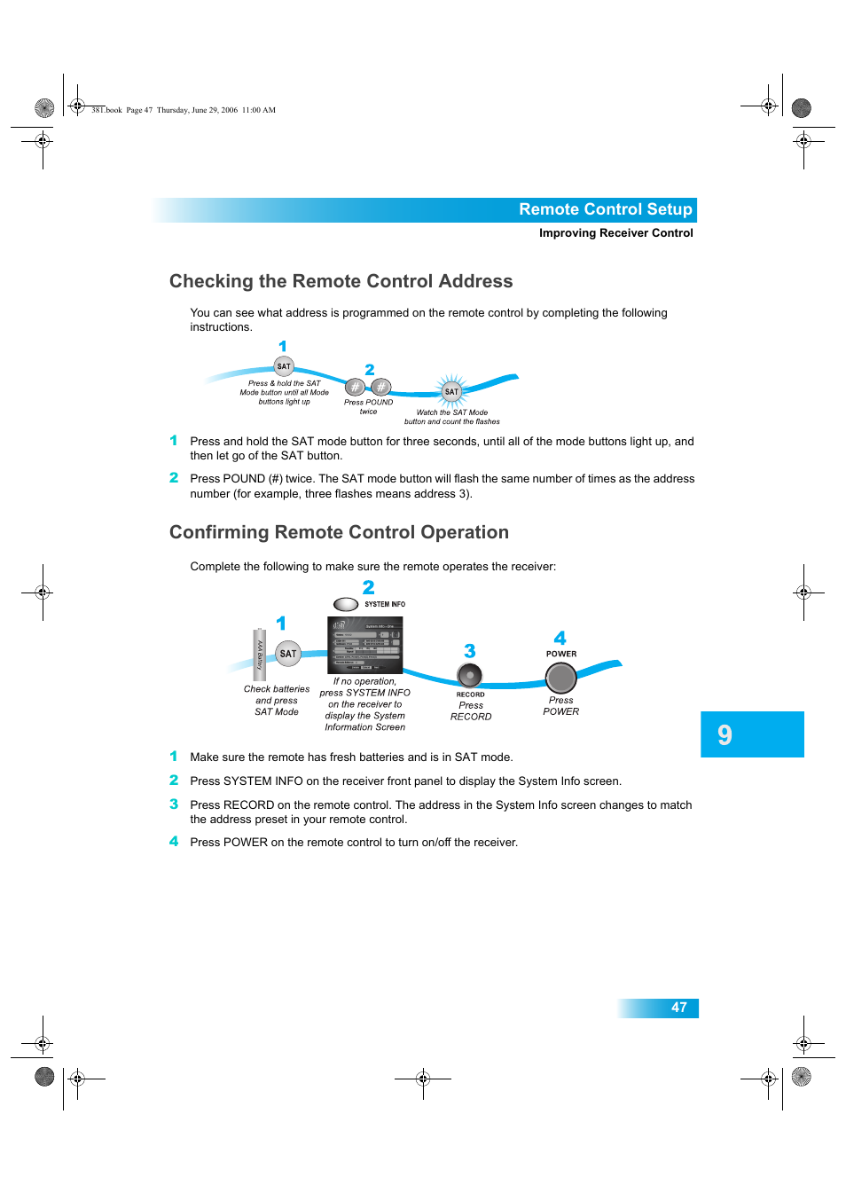 Checking the remote control address, Confirming remote control operation, Remote control setup | Dish Network Solo 381 User Manual | Page 52 / 114