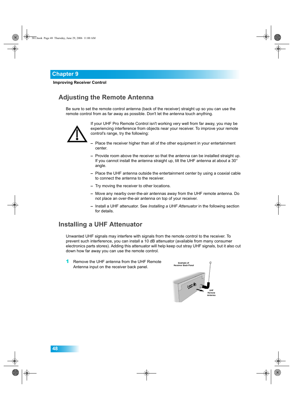 Adjusting the remote antenna, Installing a uhf attenuator, Chapter 9 | Dish Network Solo 381 User Manual | Page 53 / 114