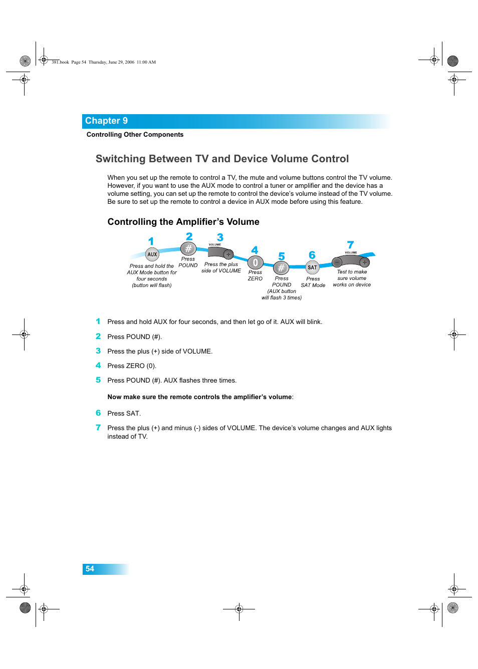 Switching between tv and device volume control, Chapter 9, Controlling the amplifier’s volume | Dish Network Solo 381 User Manual | Page 59 / 114