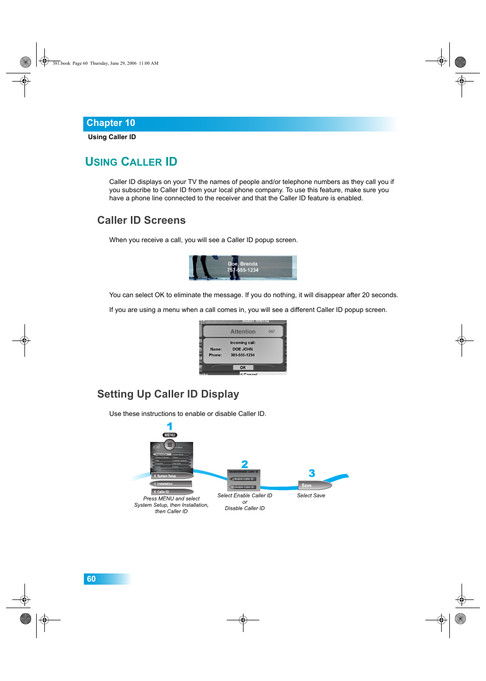 Sing, Aller, Caller id screens | Setting up caller id display | Dish Network Solo 381 User Manual | Page 65 / 114