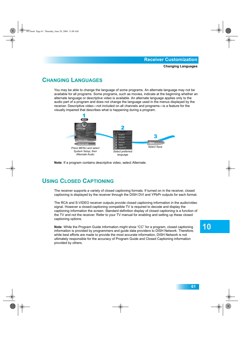 Hanging, Anguages, Sing | Losed, Aptioning | Dish Network Solo 381 User Manual | Page 66 / 114