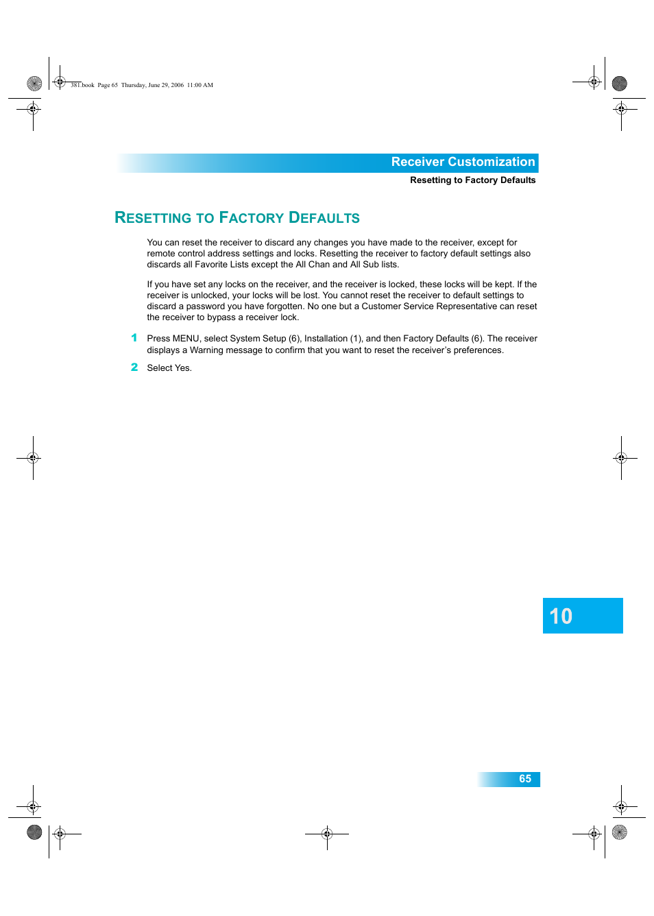 Esetting, Actory, Efaults | Dish Network Solo 381 User Manual | Page 70 / 114