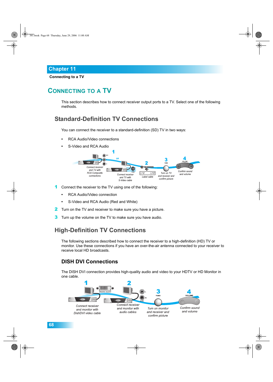 Onnecting, Standard-definition tv connections, High-definition tv connections | Dish Network Solo 381 User Manual | Page 73 / 114
