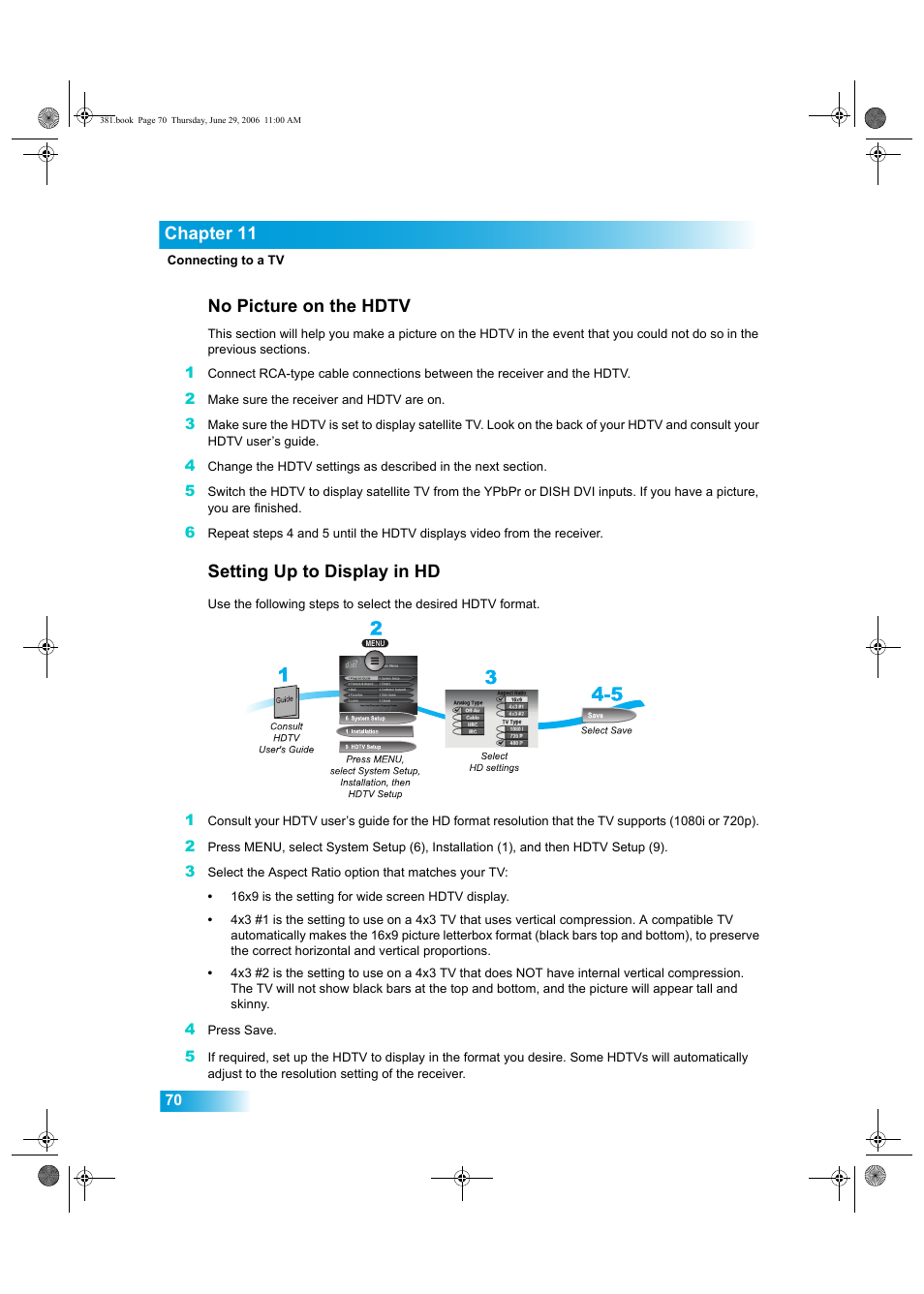 Chapter 11, No picture on the hdtv, Setting up to display in hd | Dish Network Solo 381 User Manual | Page 75 / 114