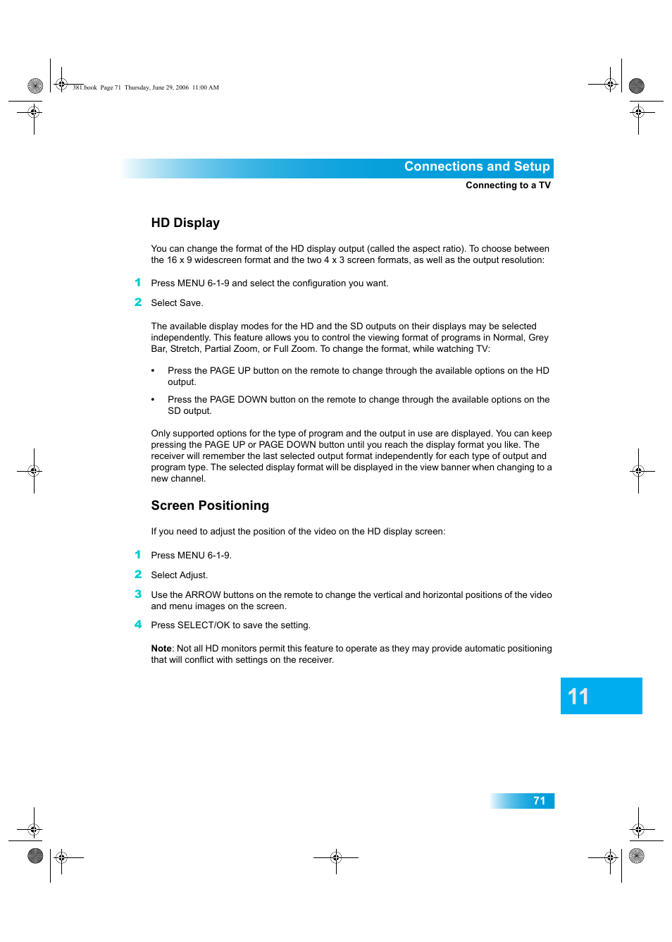 Connections and setup, Hd display, Screen positioning | Dish Network Solo 381 User Manual | Page 76 / 114