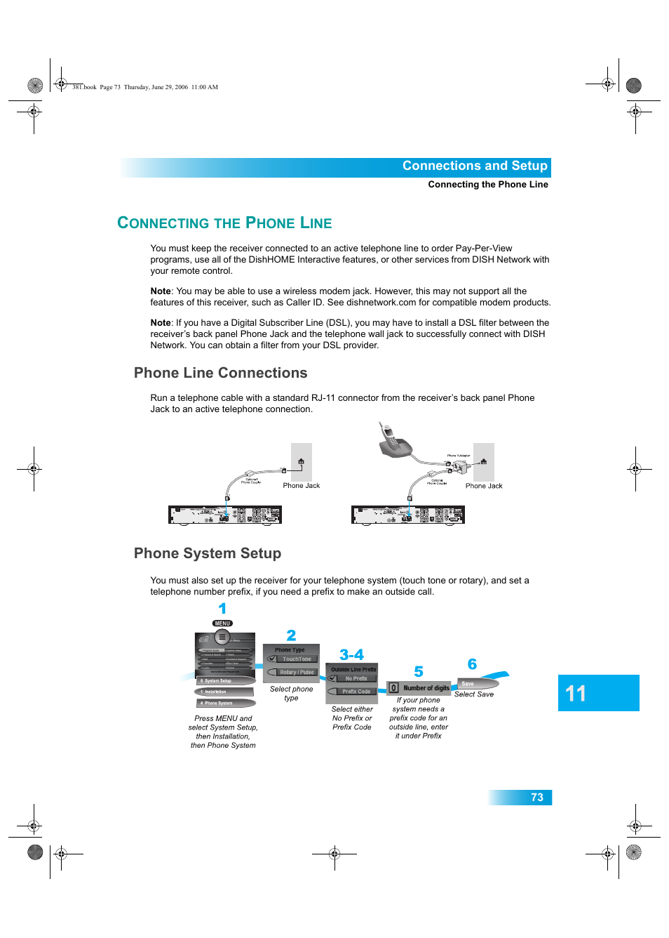 Onnecting, Hone, Phone line connections | Phone system setup | Dish Network Solo 381 User Manual | Page 78 / 114