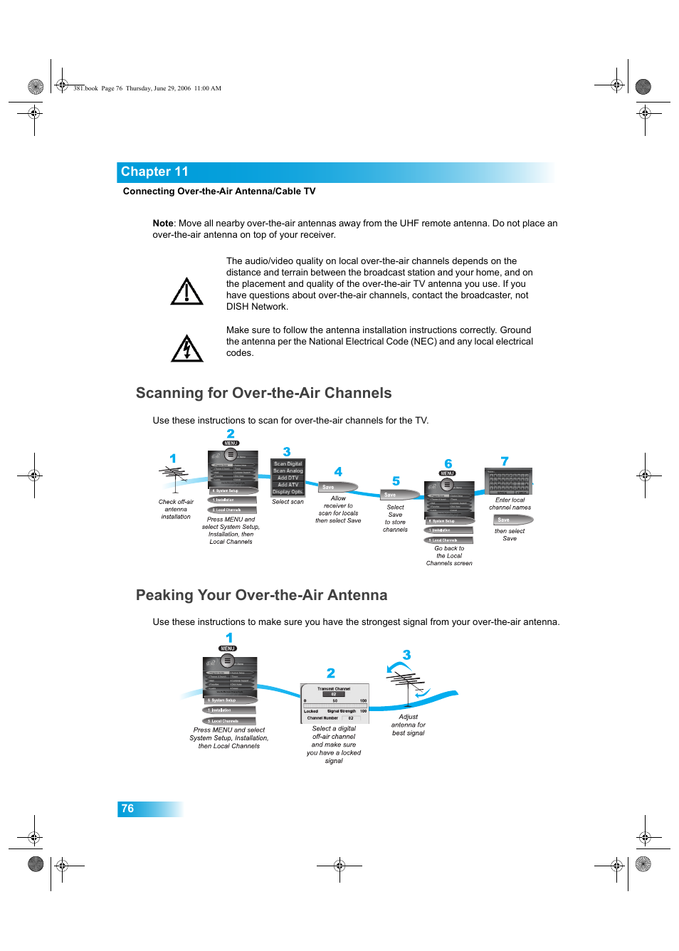 Scanning for over-the-air channels, Peaking your over-the-air antenna | Dish Network Solo 381 User Manual | Page 81 / 114