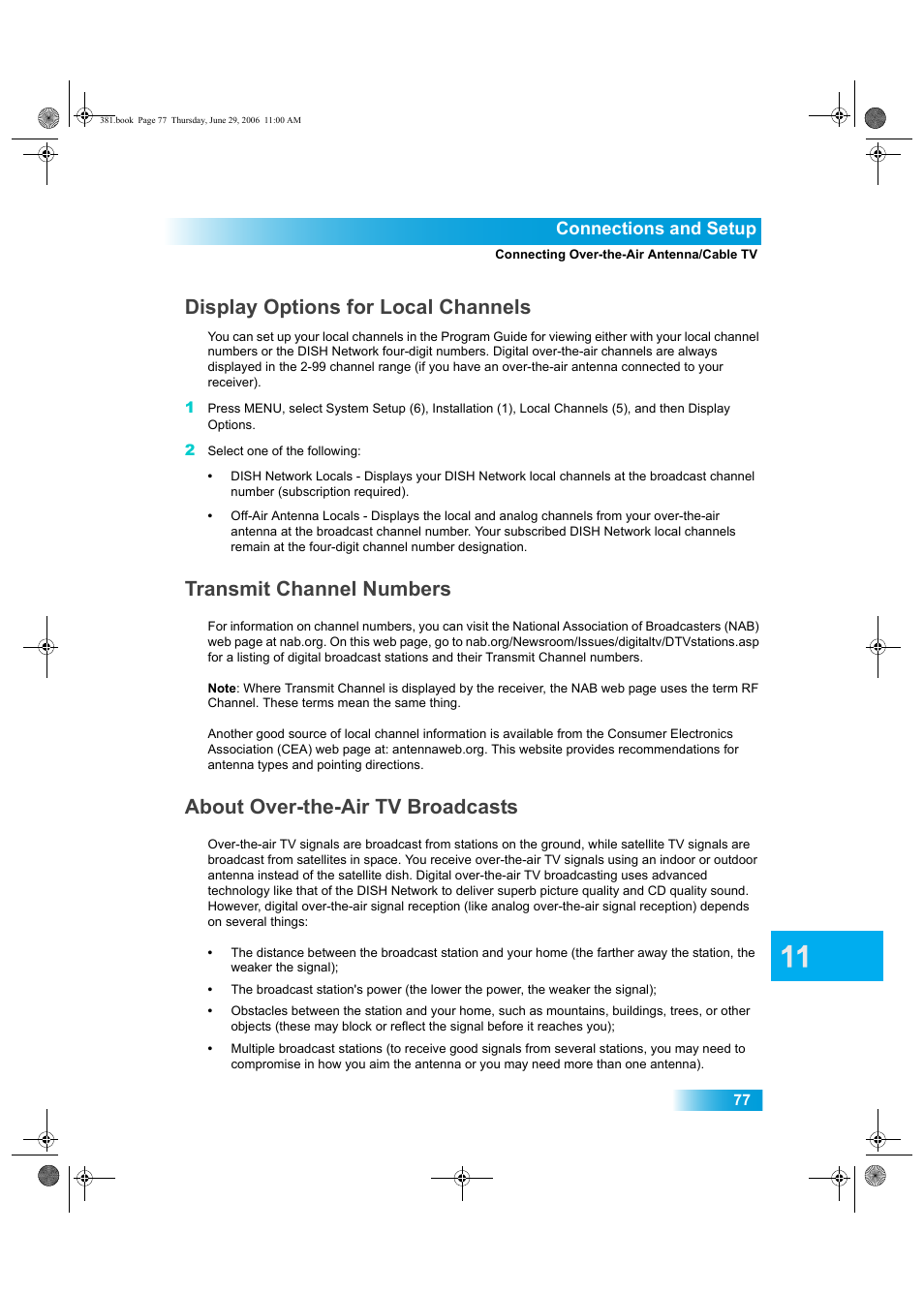 Display options for local channels, Transmit channel numbers, About over-the-air tv broadcasts | Connections and setup | Dish Network Solo 381 User Manual | Page 82 / 114