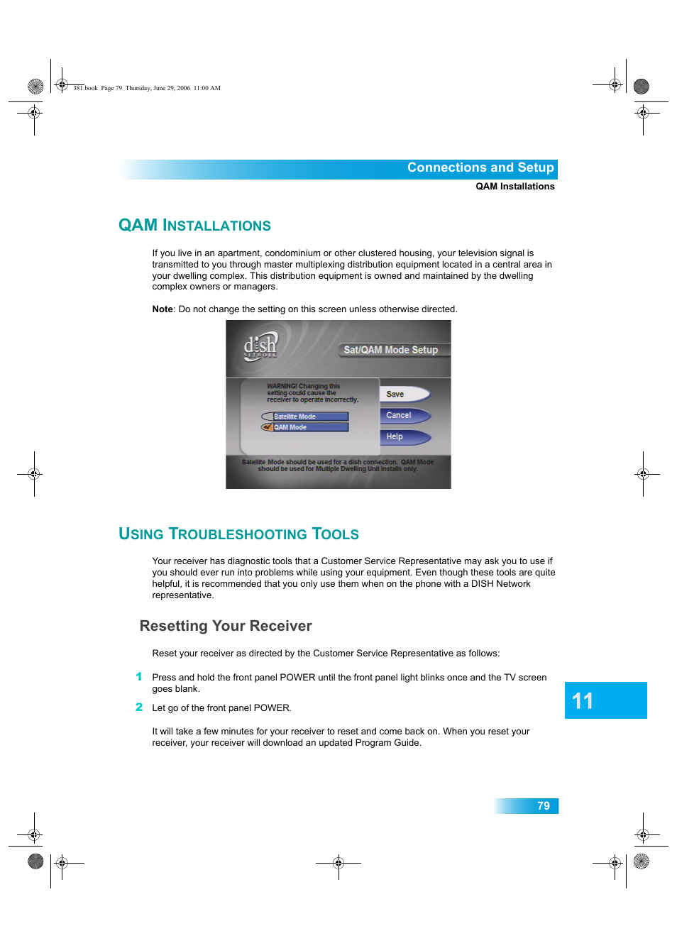 Qam i, Nstallations, Sing | Roubleshooting, Ools, Resetting your receiver | Dish Network Solo 381 User Manual | Page 84 / 114