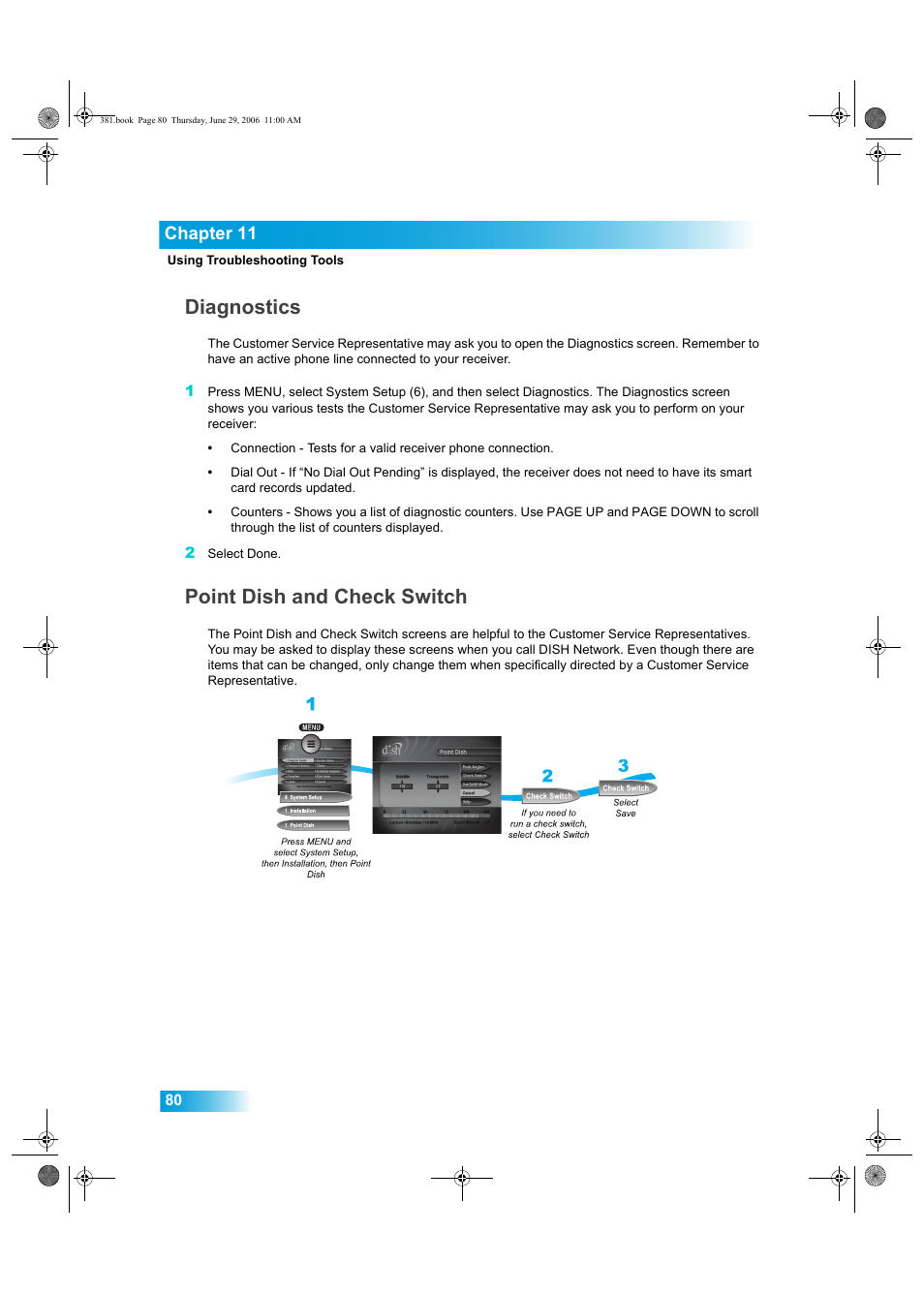 Diagnostics, Point dish and check switch, Chapter 11 | Dish Network Solo 381 User Manual | Page 85 / 114