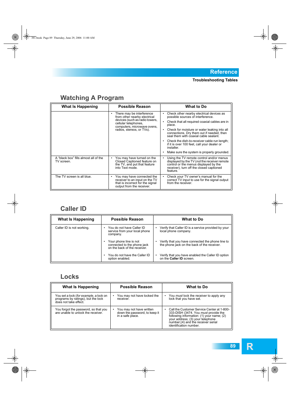 Caller id, Locks, Watching a program | Reference | Dish Network Solo 381 User Manual | Page 94 / 114