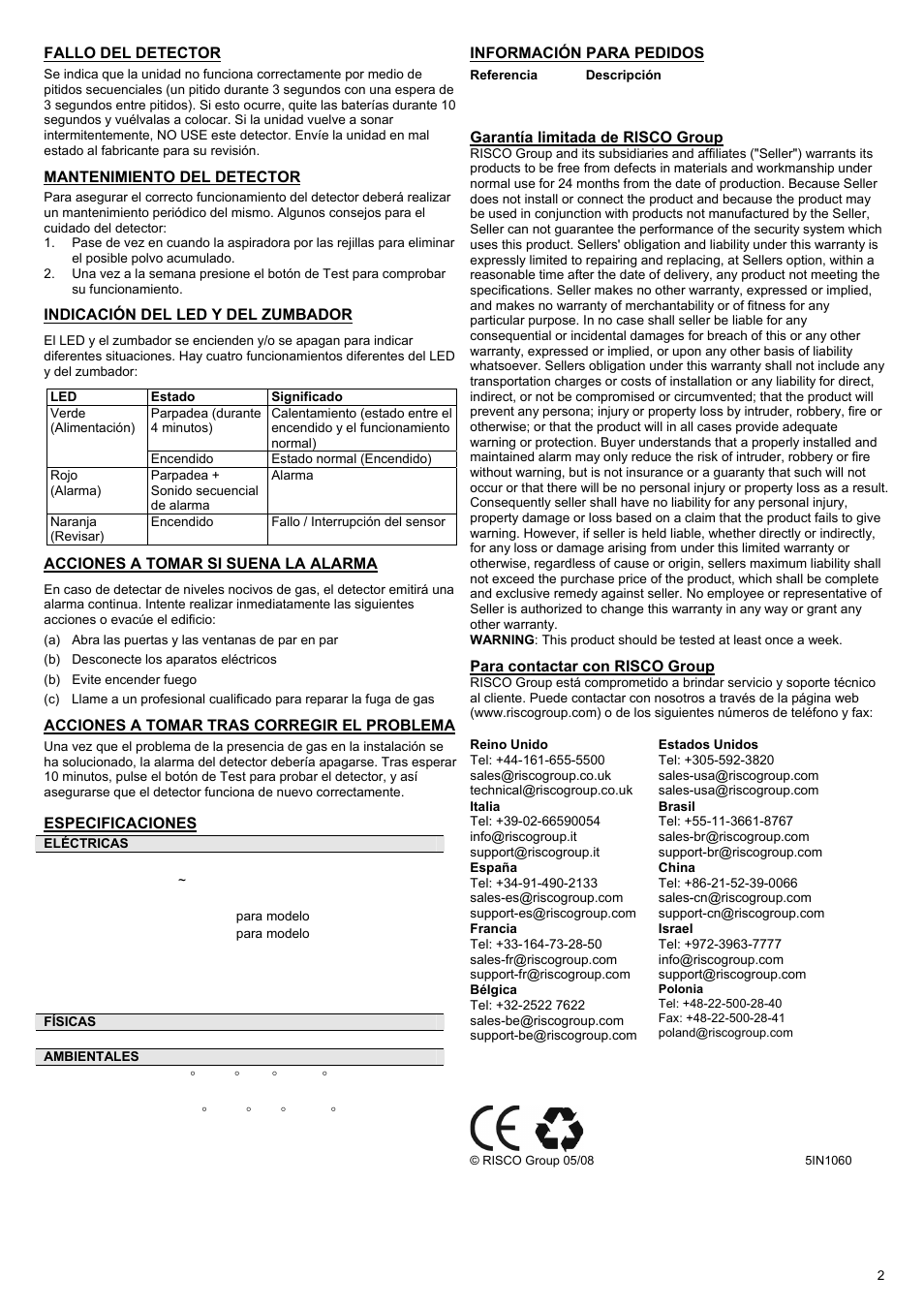 RISCO Group WL Gas Leak Detector User Manual | Page 2 / 2