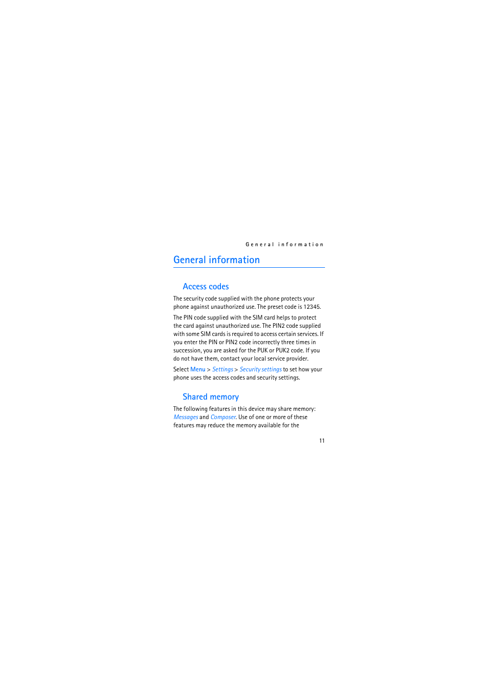 General information, Access codes, Shared memory | Access codes shared memory | Nokia 2310 User Manual | Page 11 / 63