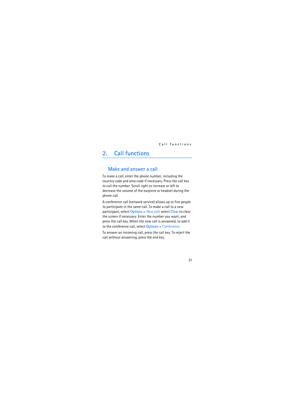 Call functions, Make and answer a call | Nokia 2310 User Manual | Page 21 / 63