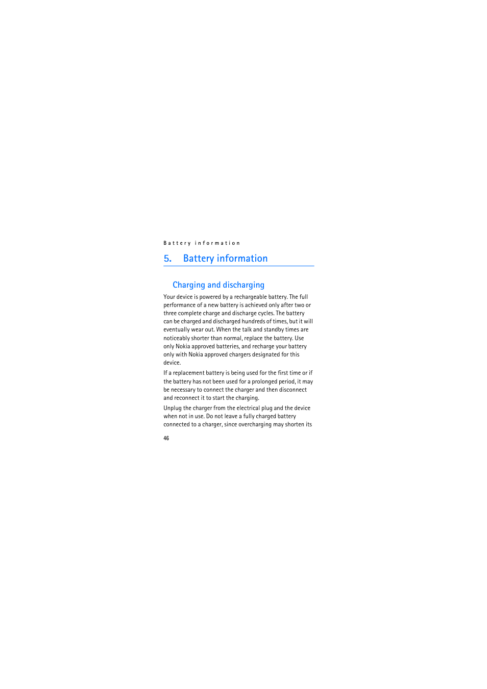 Battery information, Charging and discharging | Nokia 2310 User Manual | Page 46 / 63