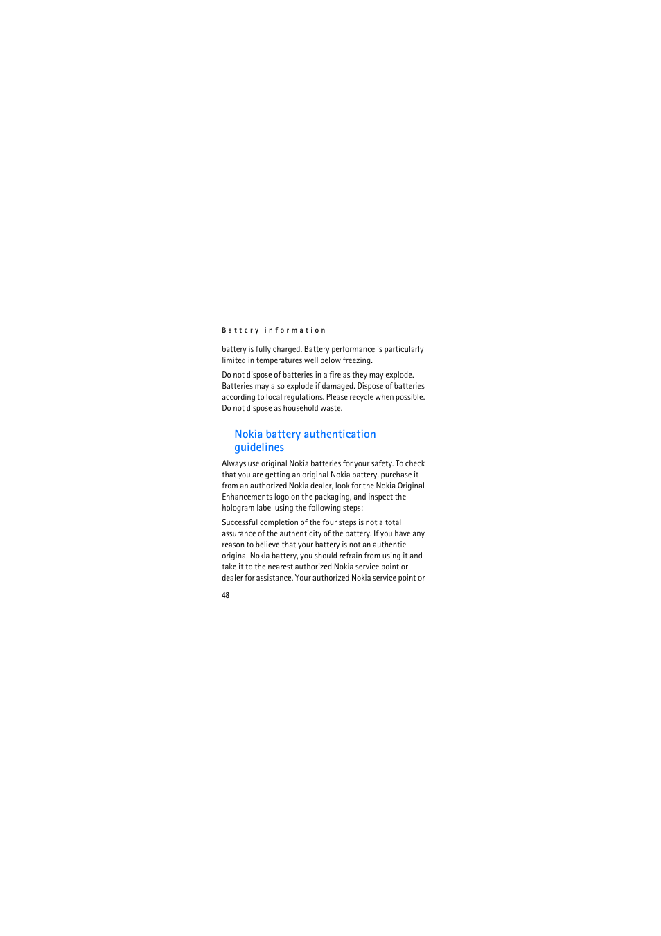 Nokia battery authentication guidelines | Nokia 2310 User Manual | Page 48 / 63