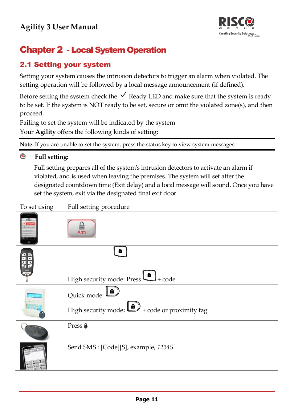 Chapter 2 - local system operation, 1 setting your system, Full setting | Chapter 2, Local system operation, Quick mode, Agility 3 user manual | RISCO Group 5IN2047 Agility3 Full User Manual UK.pdf User Manual | Page 11 / 60