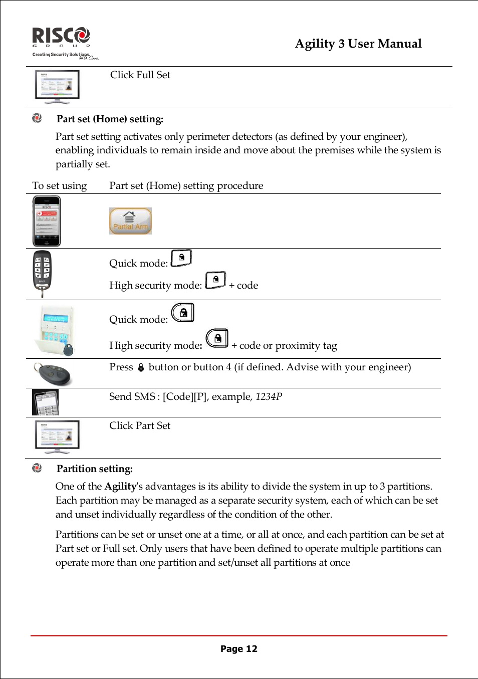 Part set (home) setting, Partition setting, Agility 3 user manual | RISCO Group 5IN2047 Agility3 Full User Manual UK.pdf User Manual | Page 12 / 60