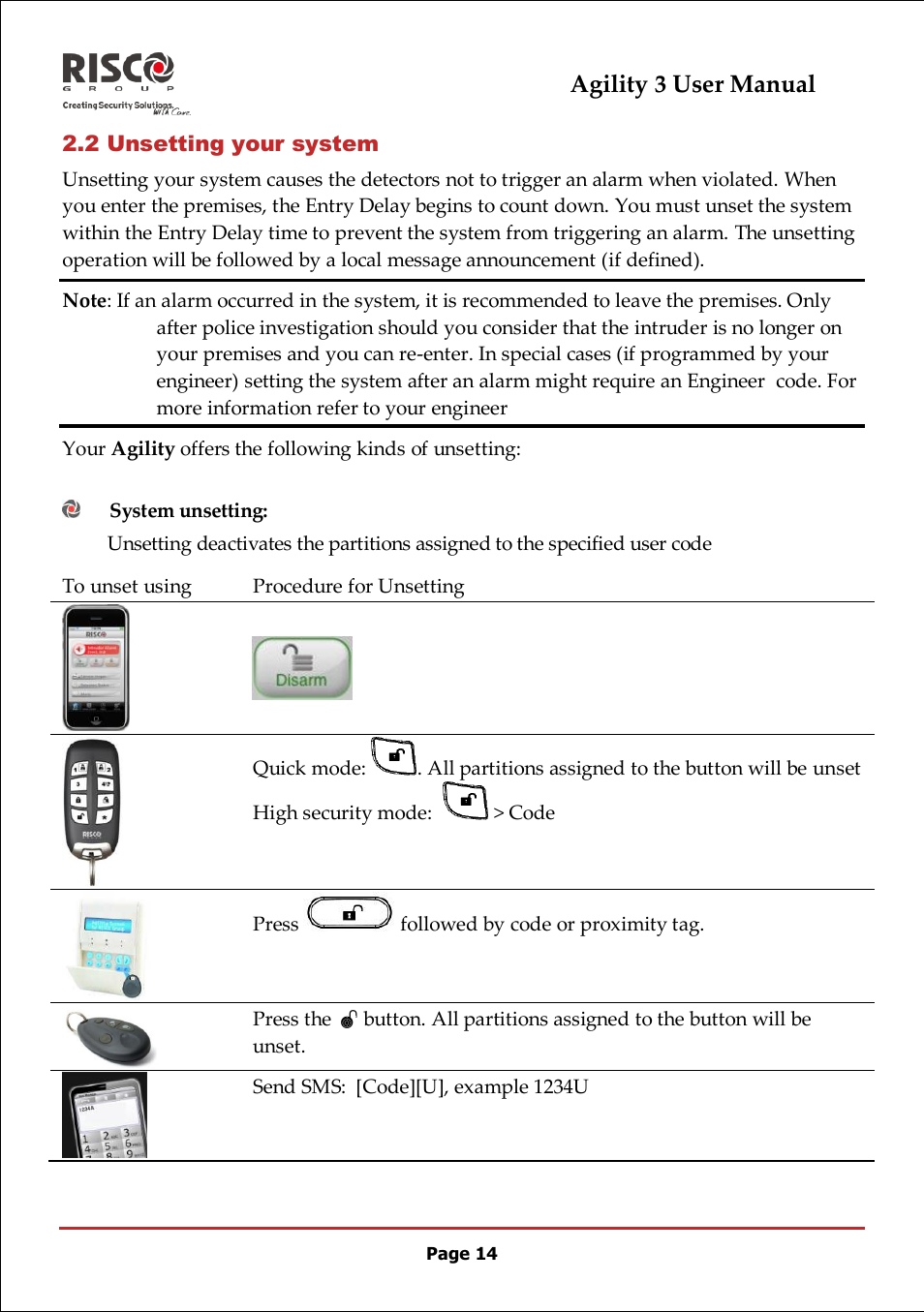 2 unsetting your system, System unsetting, Agility 3 user manual | RISCO Group 5IN2047 Agility3 Full User Manual UK.pdf User Manual | Page 14 / 60