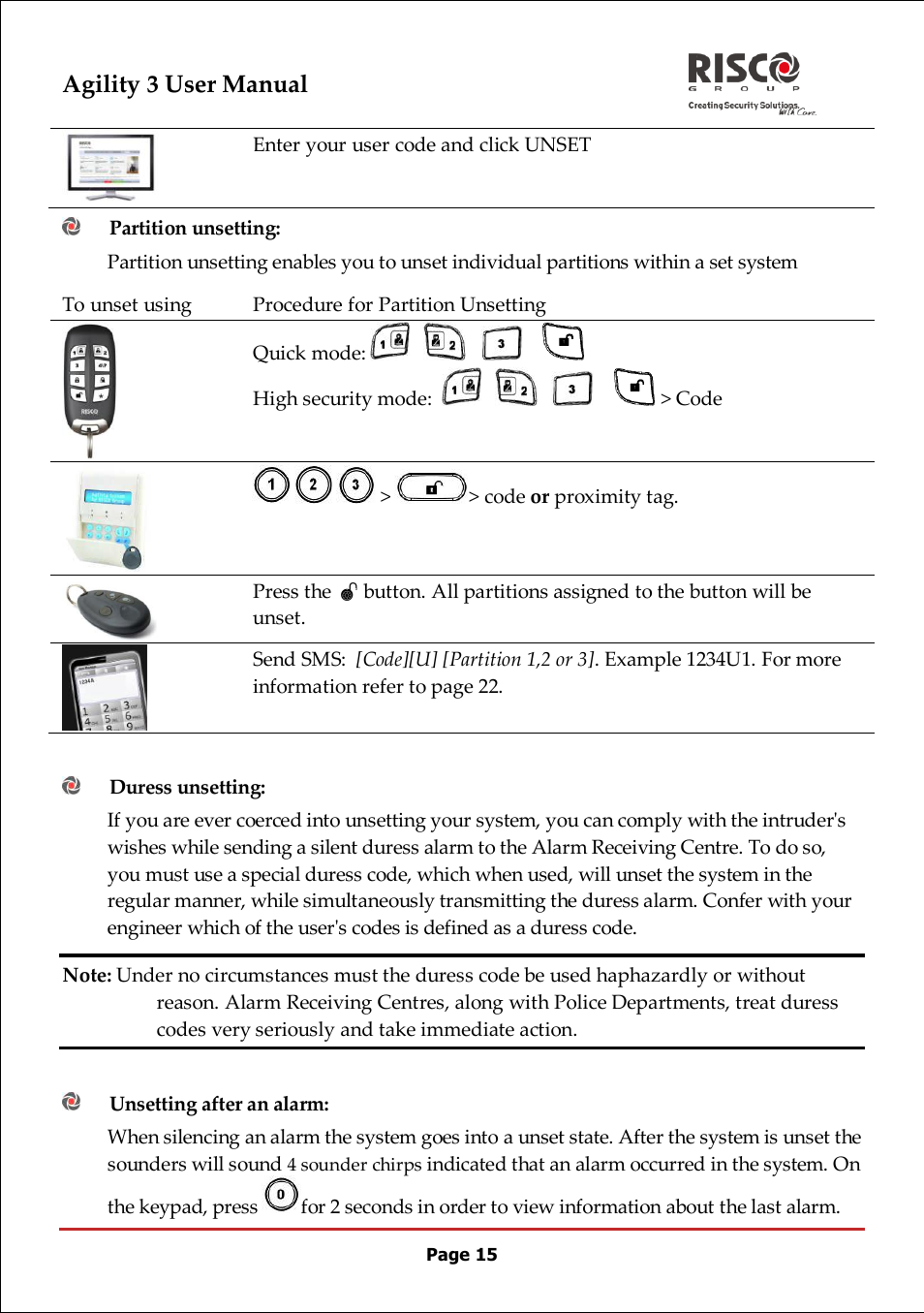 Partition unsetting, Duress unsetting, Unsetting after an alarm | Agility 3 user manual | RISCO Group 5IN2047 Agility3 Full User Manual UK.pdf User Manual | Page 15 / 60