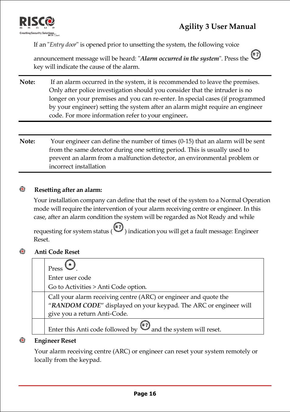 Resetting after an alarm, Anti code reset, Engineer reset | Agility 3 user manual | RISCO Group 5IN2047 Agility3 Full User Manual UK.pdf User Manual | Page 16 / 60