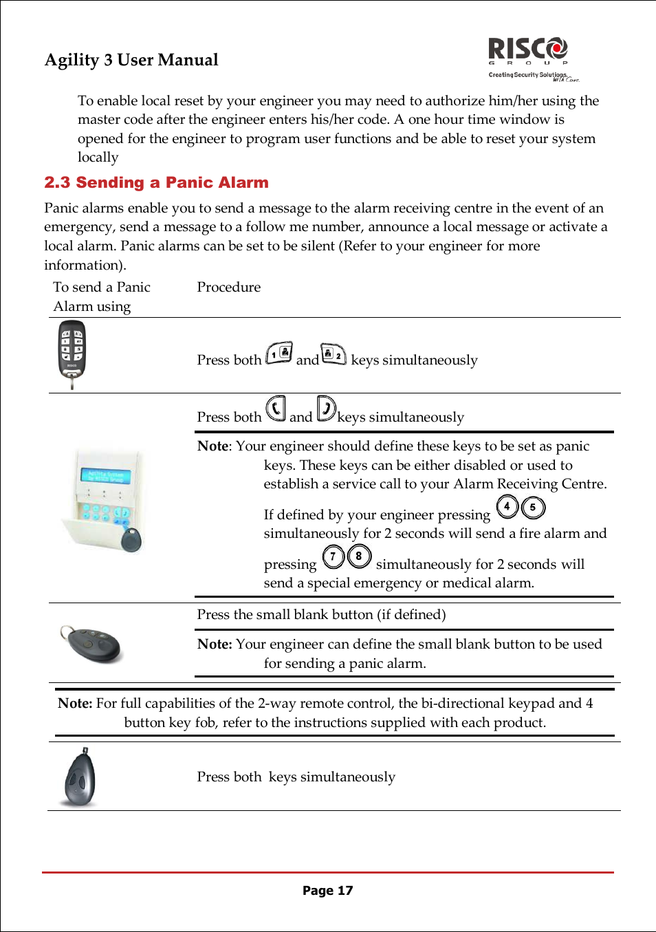 3 sending a panic alarm, Agility 3 user manual | RISCO Group 5IN2047 Agility3 Full User Manual UK.pdf User Manual | Page 17 / 60