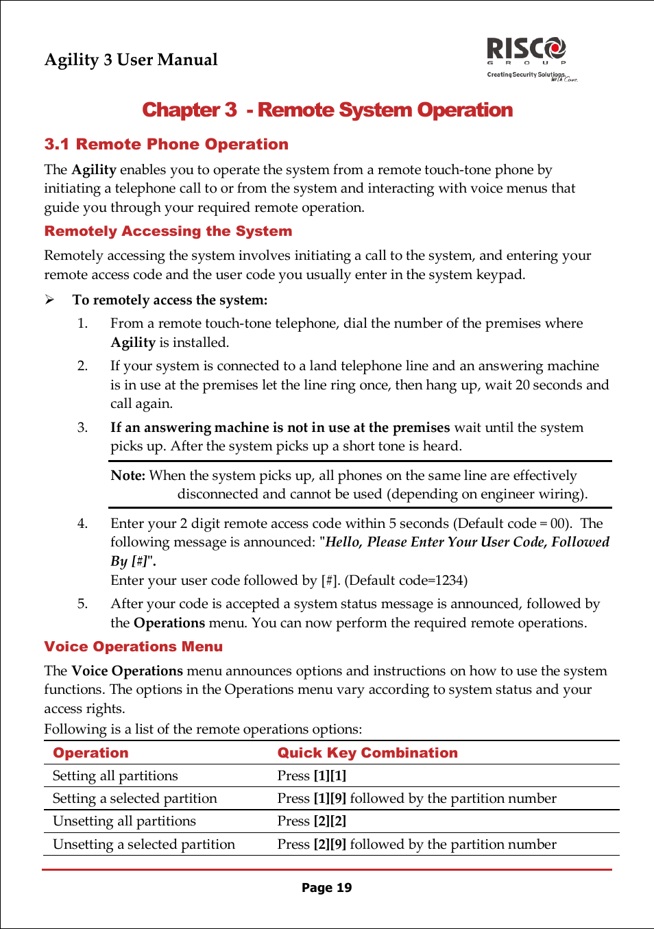 Chapter 3 - remote system operation, 1 remote phone operation, Remotely accessing the system | Voice operations menu, Agility 3 user manual | RISCO Group 5IN2047 Agility3 Full User Manual UK.pdf User Manual | Page 19 / 60