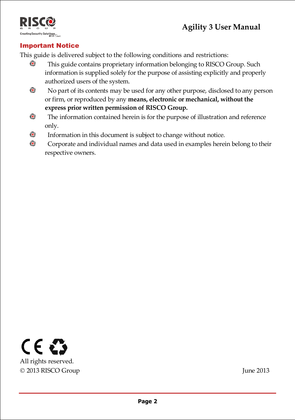 Agility 3 user manual | RISCO Group 5IN2047 Agility3 Full User Manual UK.pdf User Manual | Page 2 / 60