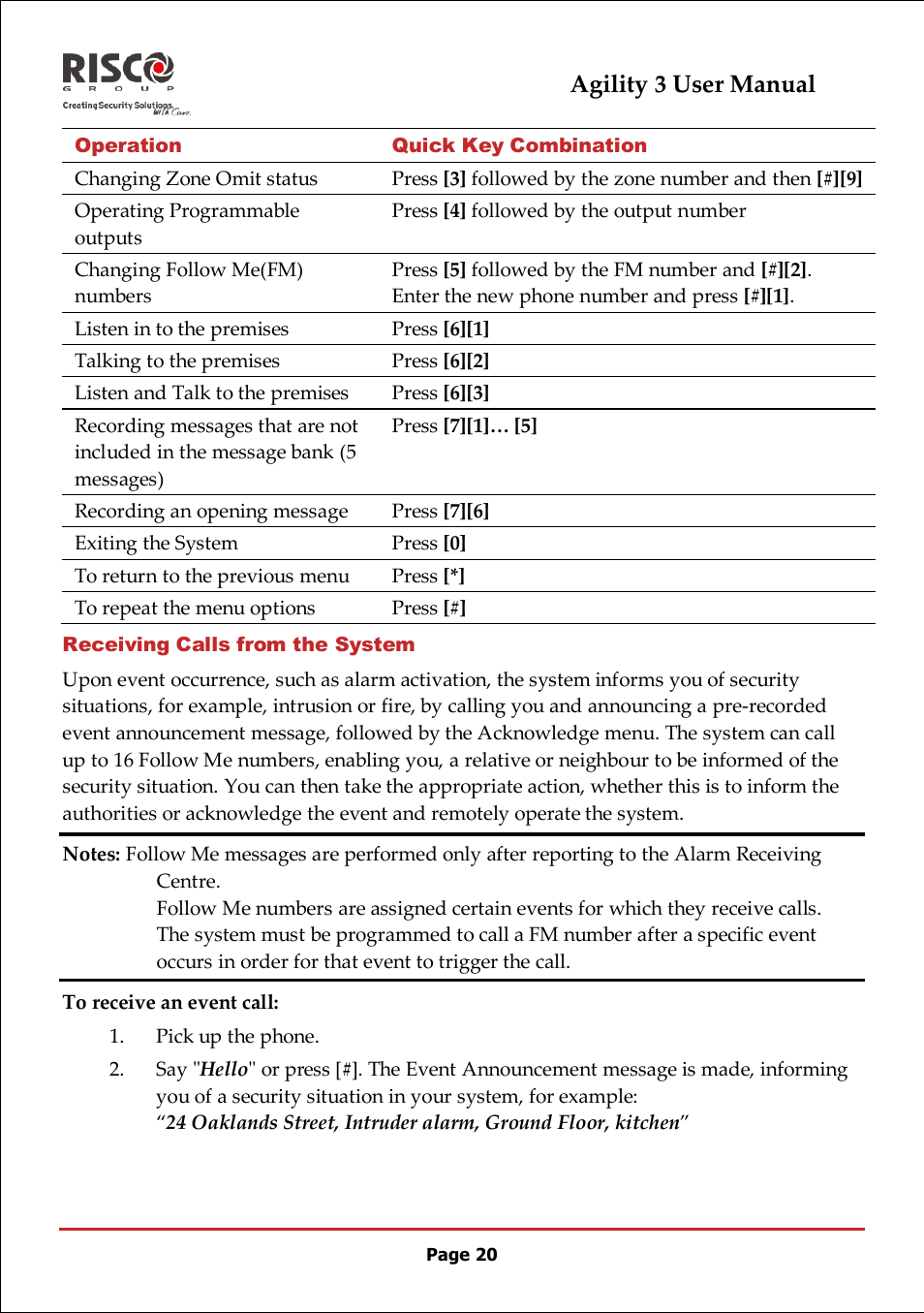 Receiving calls from the system, Agility 3 user manual | RISCO Group 5IN2047 Agility3 Full User Manual UK.pdf User Manual | Page 20 / 60