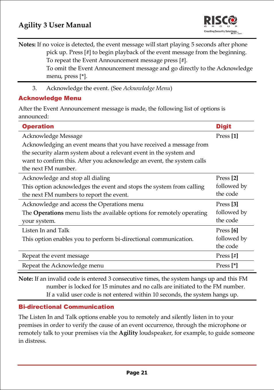 Acknowledge menu, Bi-directional communication, Agility 3 user manual | RISCO Group 5IN2047 Agility3 Full User Manual UK.pdf User Manual | Page 21 / 60