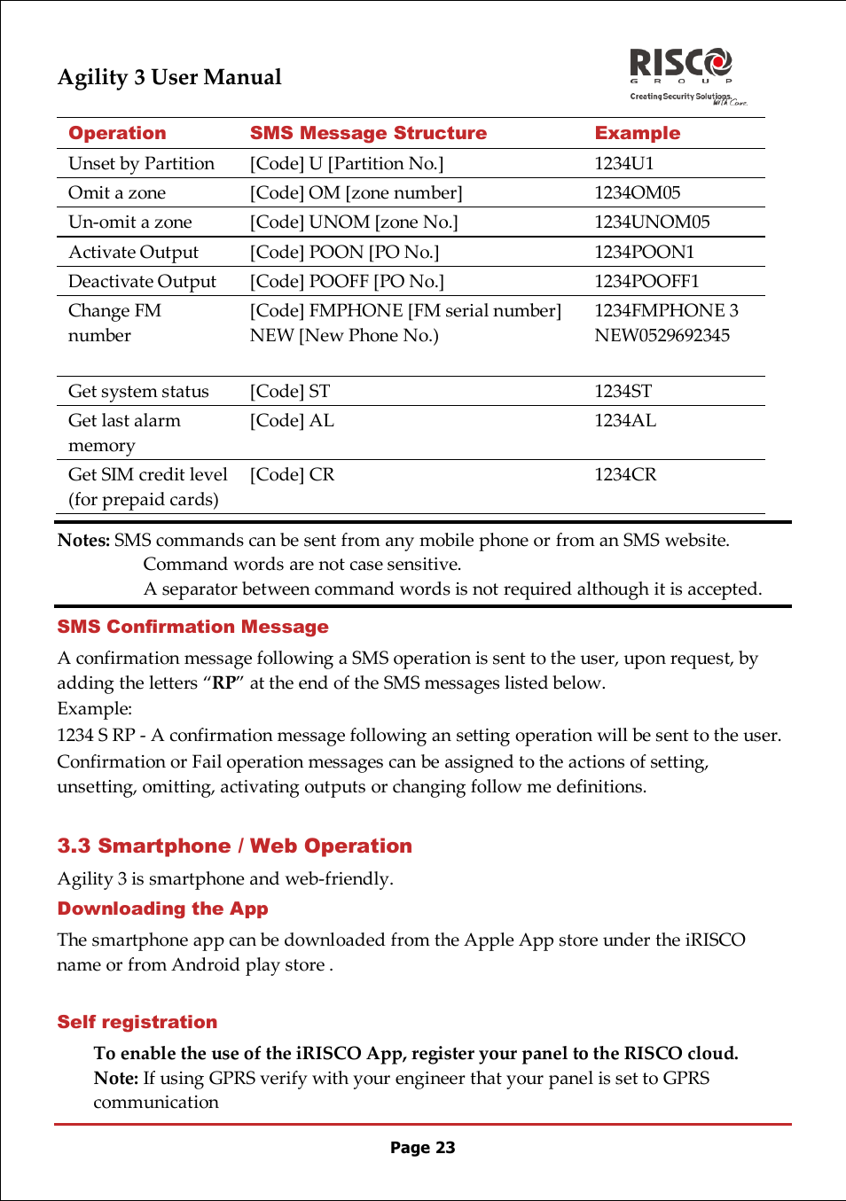 Sms confirmation message, 3 smartphone / web operation, Downloading the app | Self registration, Agility 3 user manual | RISCO Group 5IN2047 Agility3 Full User Manual UK.pdf User Manual | Page 23 / 60