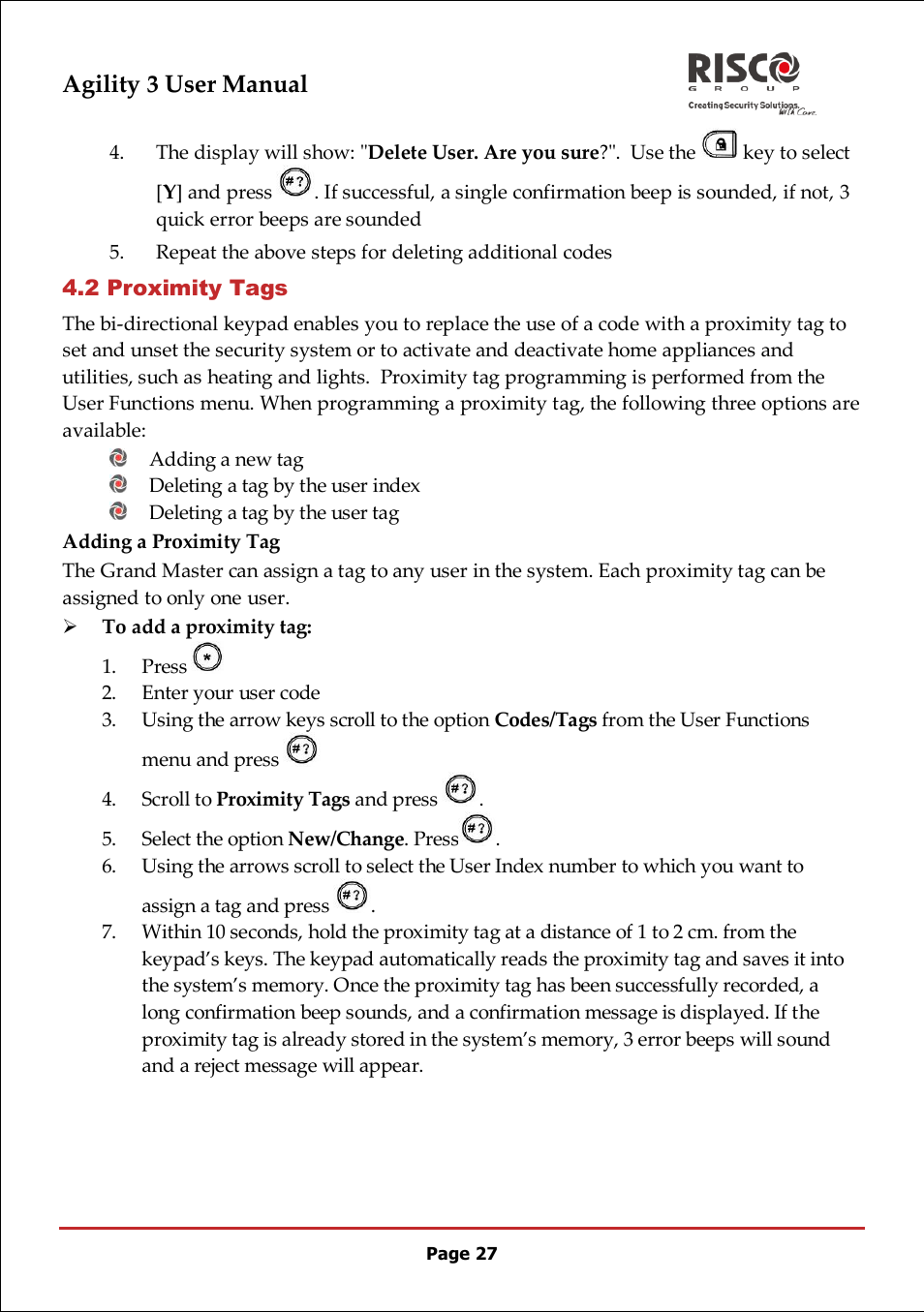 2 proximity tags, Agility 3 user manual | RISCO Group 5IN2047 Agility3 Full User Manual UK.pdf User Manual | Page 27 / 60