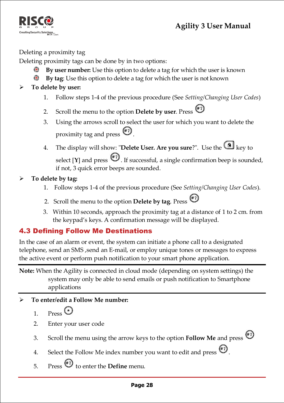 3 defining follow me destinations, Agility 3 user manual | RISCO Group 5IN2047 Agility3 Full User Manual UK.pdf User Manual | Page 28 / 60