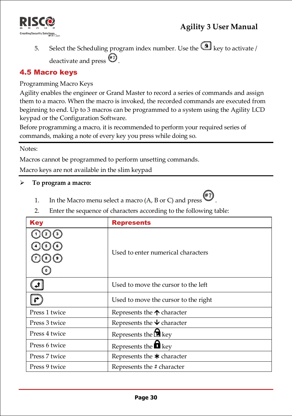 5 macro keys, Agility 3 user manual | RISCO Group 5IN2047 Agility3 Full User Manual UK.pdf User Manual | Page 30 / 60