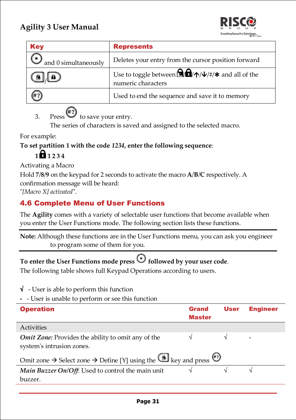 6 complete menu of user functions, Agility 3 user manual | RISCO Group 5IN2047 Agility3 Full User Manual UK.pdf User Manual | Page 31 / 60