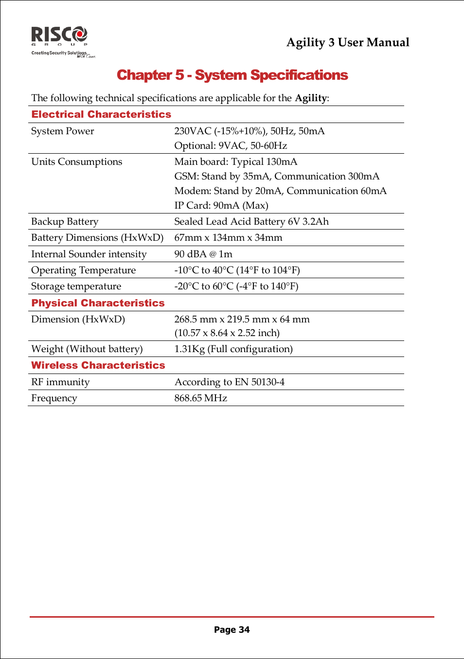 Chapter 5 - system specifications, Agility 3 user manual | RISCO Group 5IN2047 Agility3 Full User Manual UK.pdf User Manual | Page 34 / 60