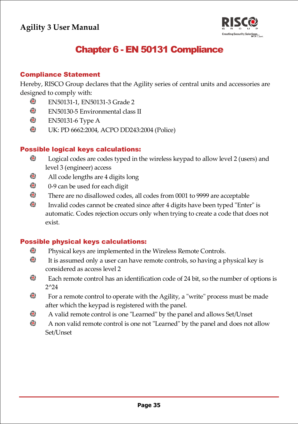 Chapter 6 - en 50131 compliance, Agility 3 user manual | RISCO Group 5IN2047 Agility3 Full User Manual UK.pdf User Manual | Page 35 / 60