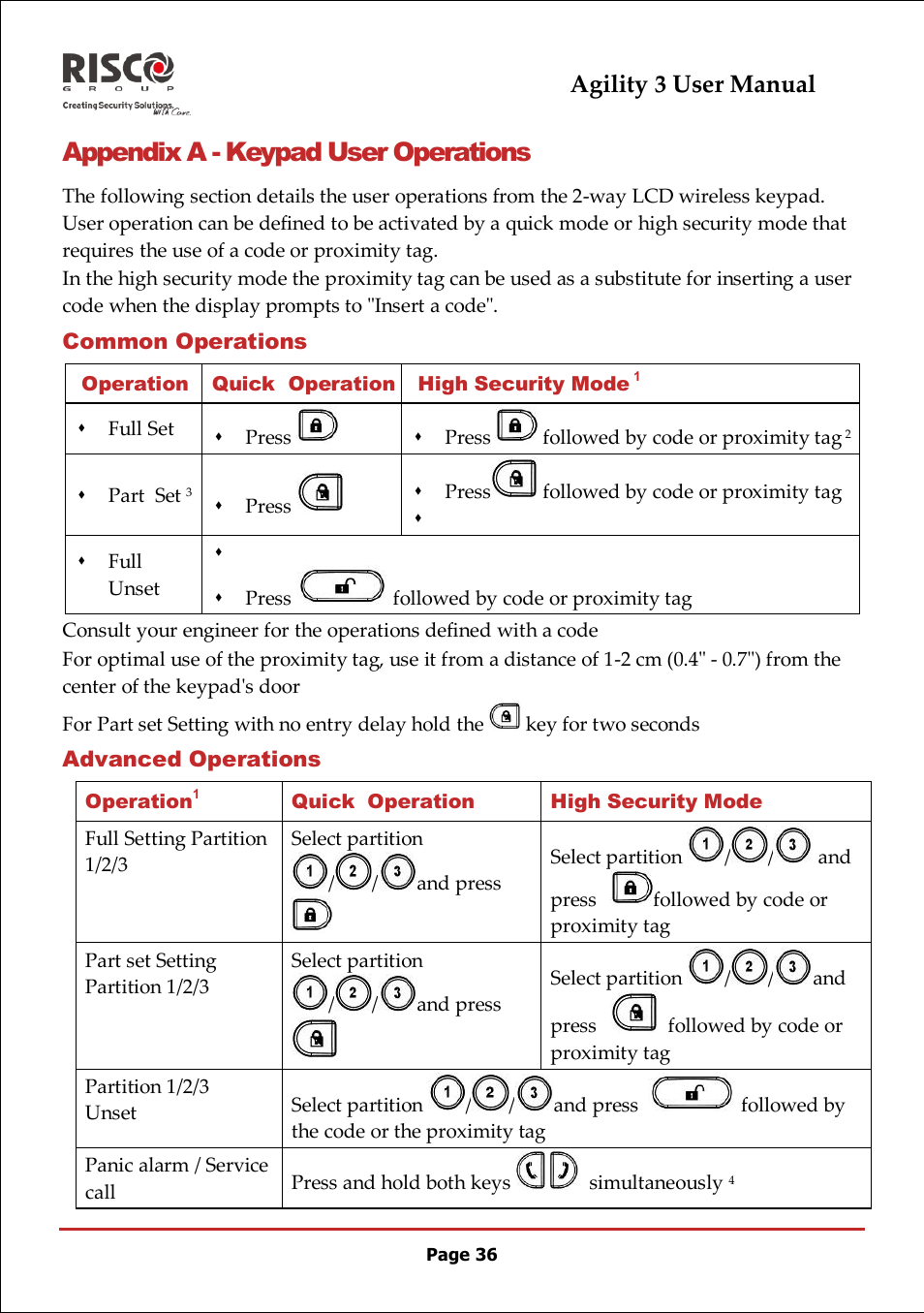 Appendix a - keypad user operations, Common operations, Advanced operations | Agility 3 user manual | RISCO Group 5IN2047 Agility3 Full User Manual UK.pdf User Manual | Page 36 / 60