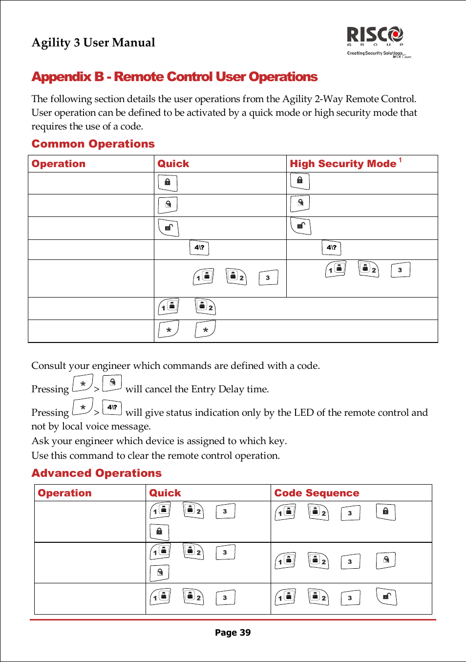Appendix b - remote control user operations, Common operations, Advanced operations | RISCO Group 5IN2047 Agility3 Full User Manual UK.pdf User Manual | Page 39 / 60