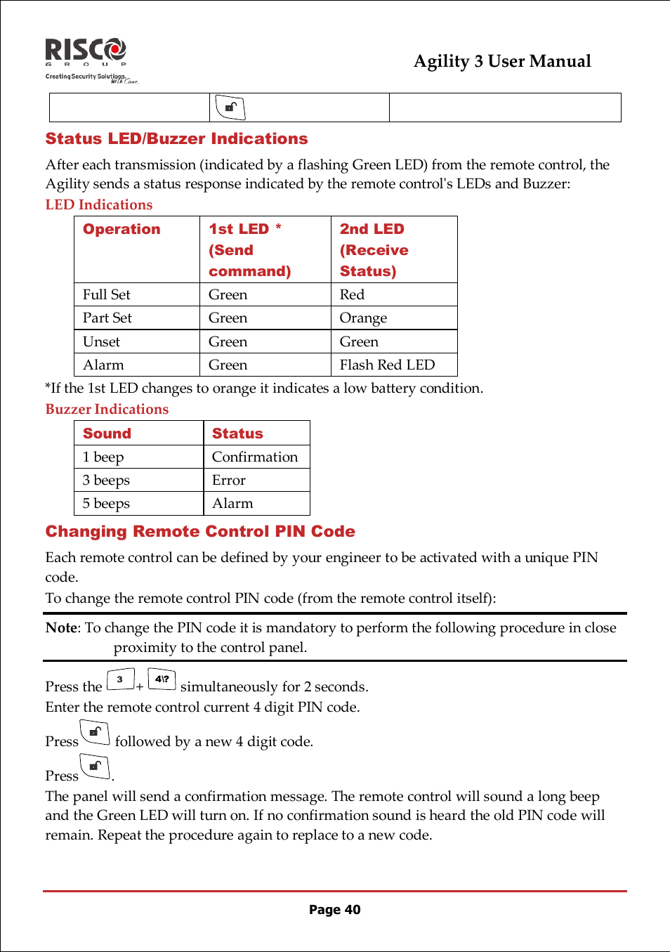 Status led/buzzer indications, Changing remote control pin code, Code | Agility 3 user manual | RISCO Group 5IN2047 Agility3 Full User Manual UK.pdf User Manual | Page 40 / 60