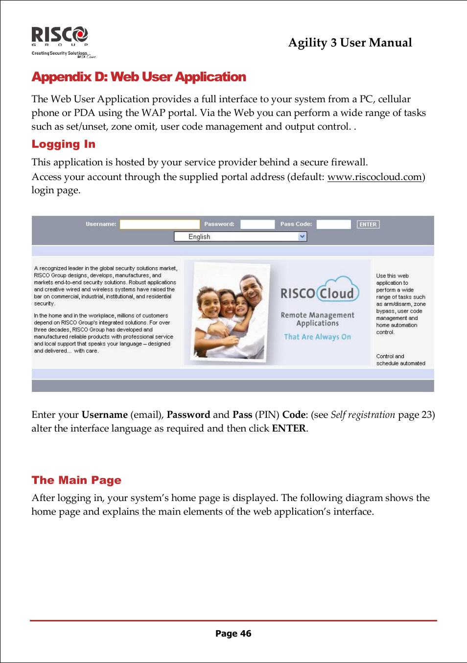 Appendix d: web user application, Logging in | RISCO Group 5IN2047 Agility3 Full User Manual UK.pdf User Manual | Page 46 / 60
