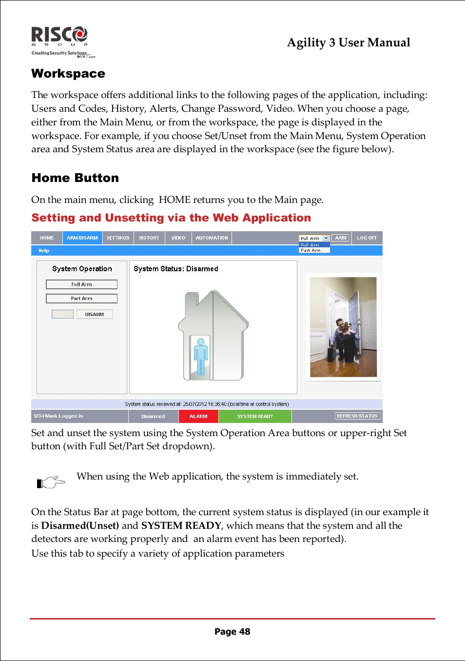 Setting and unsetting via the web application, Agility 3 user manual, Workspace | Home button | RISCO Group 5IN2047 Agility3 Full User Manual UK.pdf User Manual | Page 48 / 60
